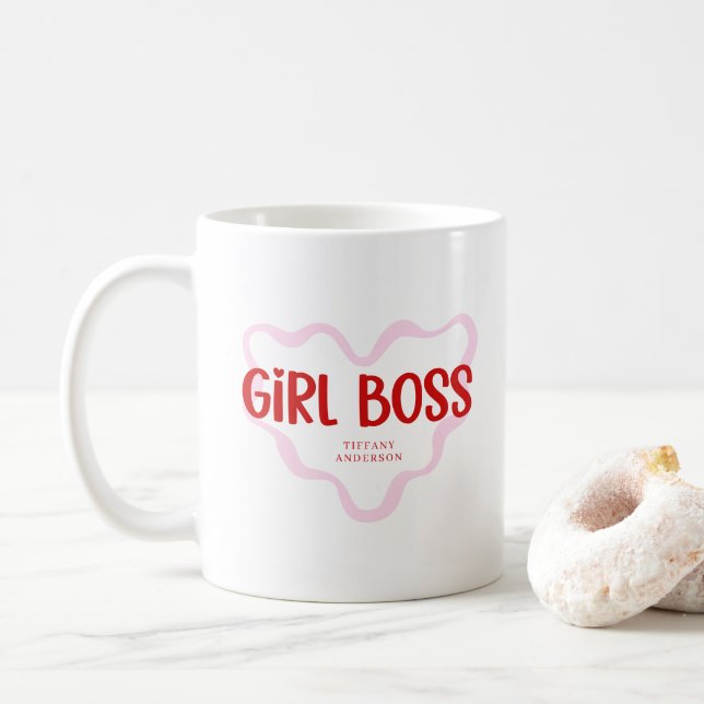 Cute Girl Boss Pink and Red Custom Name Year Coffee Mug (With Donut)