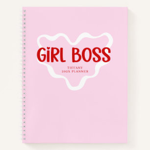 Cute Girl Boss Pink and Red Custom Name Year Notebook