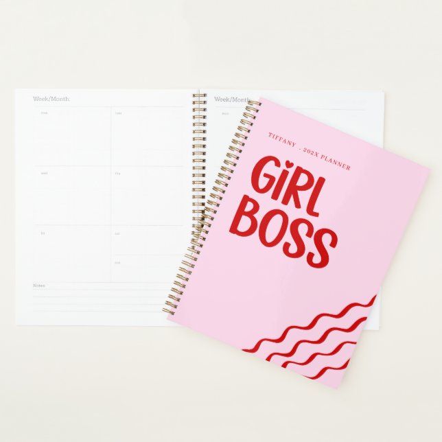 Cute Girl Boss Pink and Red Custom Name Year Planner (Display)