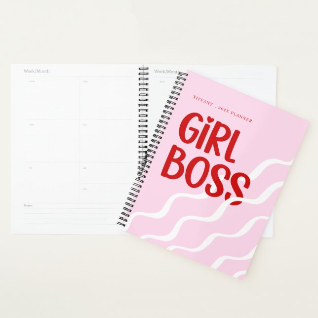 Cute Girl Boss Pink and Red Monogram Year Planner (Display)