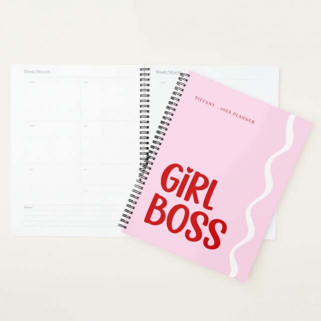 Cute Girl Boss Pink and Red Monogram Year Planner (Display)