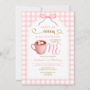 Cute Girl Bow Hot Cocoa 1st birthday Pink Gingham Invitation