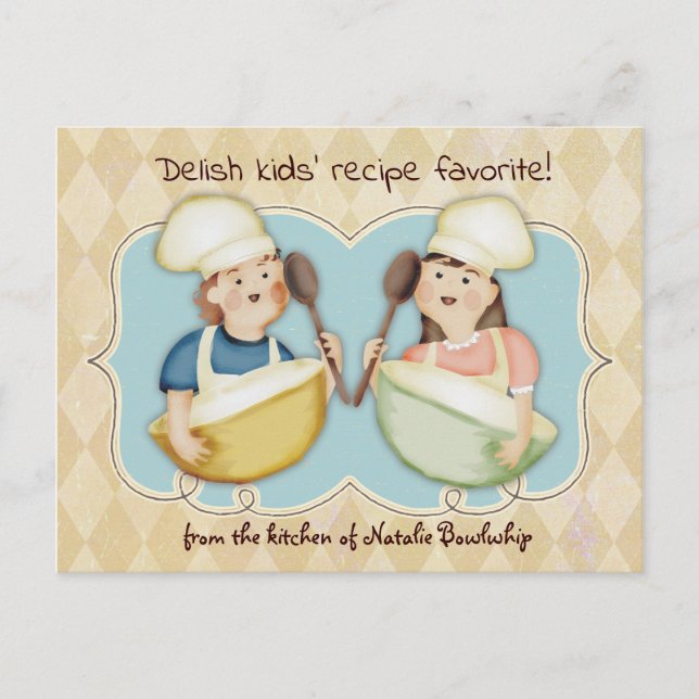 Cute girl boy chef kids cooking recipe card (Front)