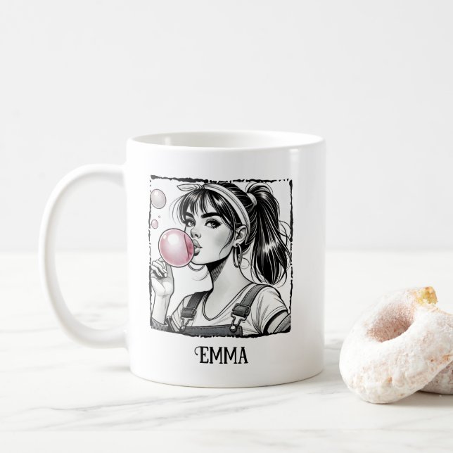 Cute Girl & Bubble,Comic Black & White,Fun Custom Coffee Mug (With Donut)