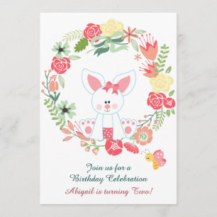 Cute Girl Bunny and Flower Wreath Birthday Invitation