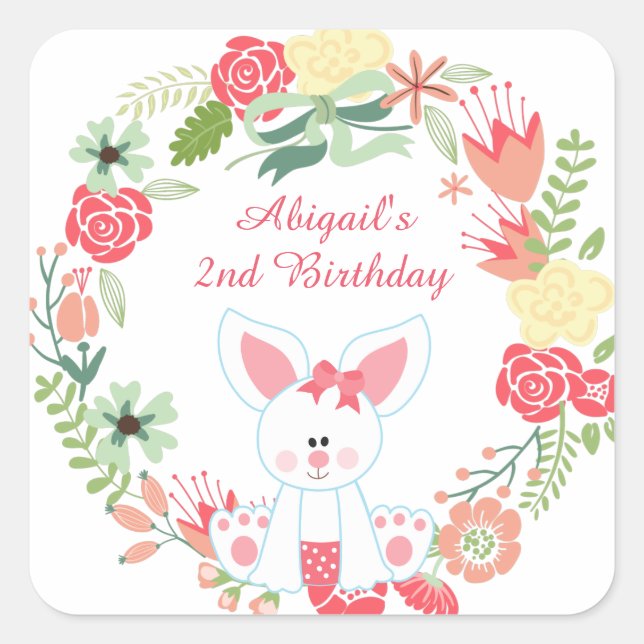 Cute Girl Bunny and Pretty Flower Wreath Birthday Square Sticker (Front)