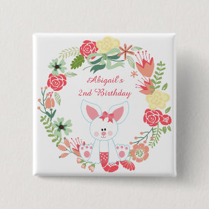 Cute Girl Bunny and Wreath Birthday Button