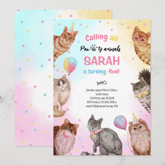 Cute Girl Cat Pawty Animals Birthday Invitation (Front/Back)
