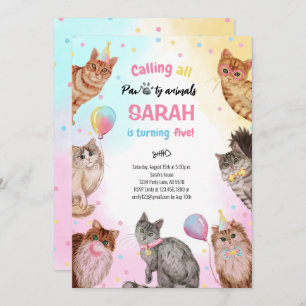 Cute Girl Cat Pawty Animals Birthday Invitation