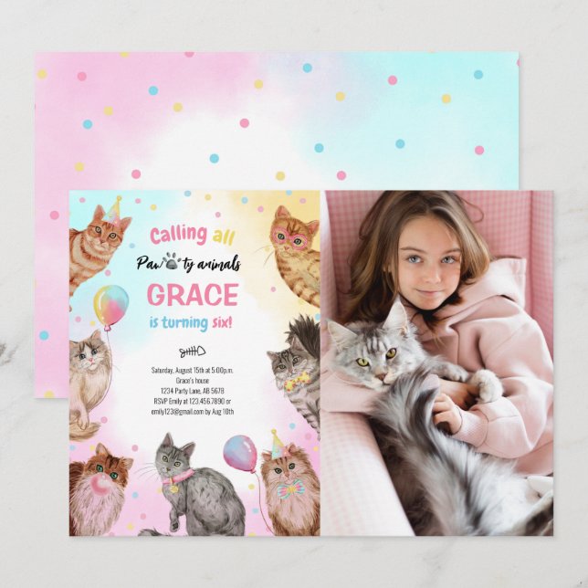 Cute Girl Cat Pawty Animals Birthday Photo Invitation (Front/Back)