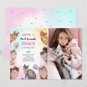 Cute Girl Cat Pawty Animals Birthday Photo Invitation