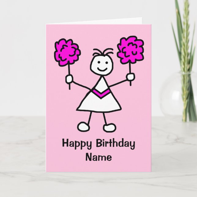 Cute Girl Cheerleader Pink Birthday Card (Front)