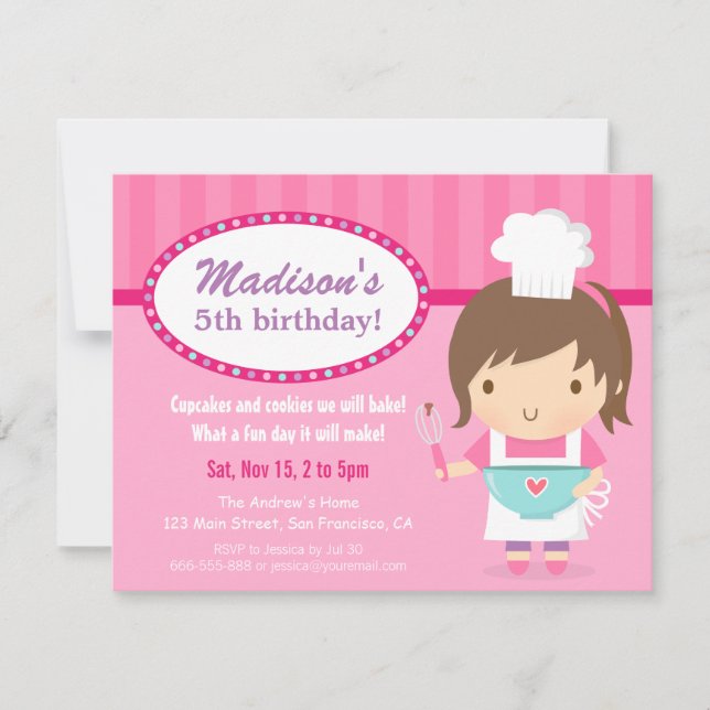 Cute Girl Chef Cooking Baking Birthday Party Invitation (Front)