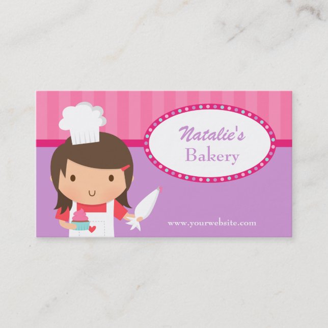 Cute Girl Chef Cupcake Bakery Cafe Pink Purple Business Card (Front)