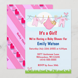 Cute Girl Clothesline Hearts Boho Baby Shower Invitation