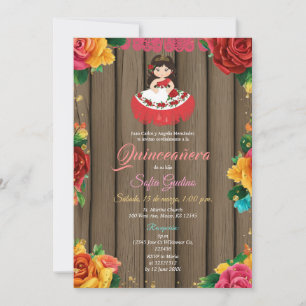 Cute Girl Colourful Flowers Rustic Wood Quinceañer Invitation