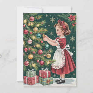 Cute Girl Decorating Tree Vintage Christmas        Holiday Card
