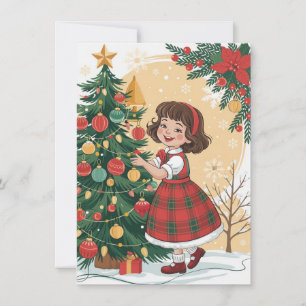 Cute Girl Decorating Tree Vintage Christmas        Holiday Card