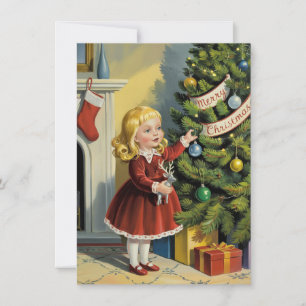 Cute Girl Decorating Tree Vintage Christmas Holiday Card