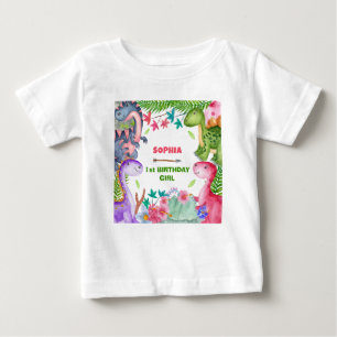 Cute Girl Dinosaur 1st Birthday Party Baby T-Shirt