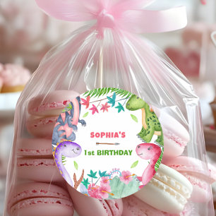Cute Girl Dinosaur 1st Birthday Party Classic Round Sticker