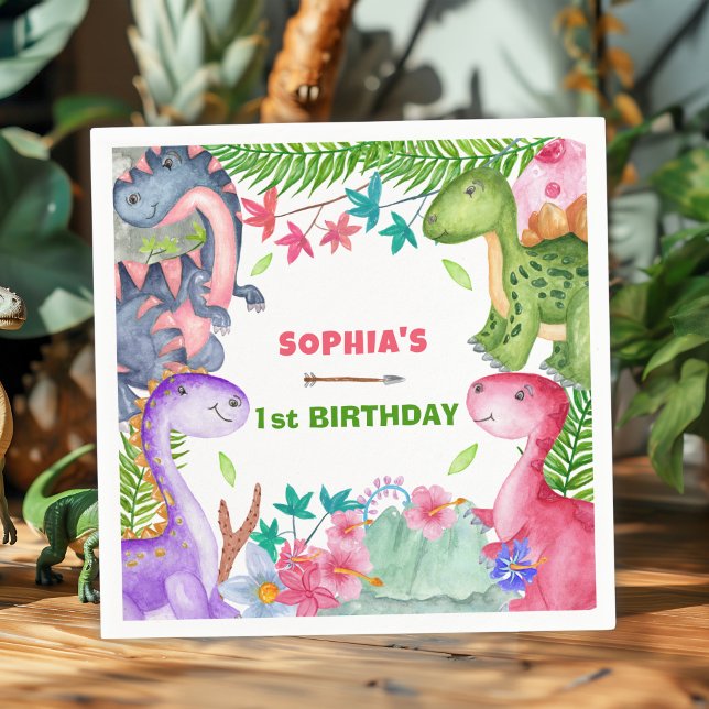 Cute Girl Dinosaur 1st Birthday Party Napkin (Creator Uploaded)