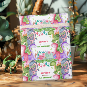 Cute Girl Dinosaur 1st Birthday Party Wrapping Paper