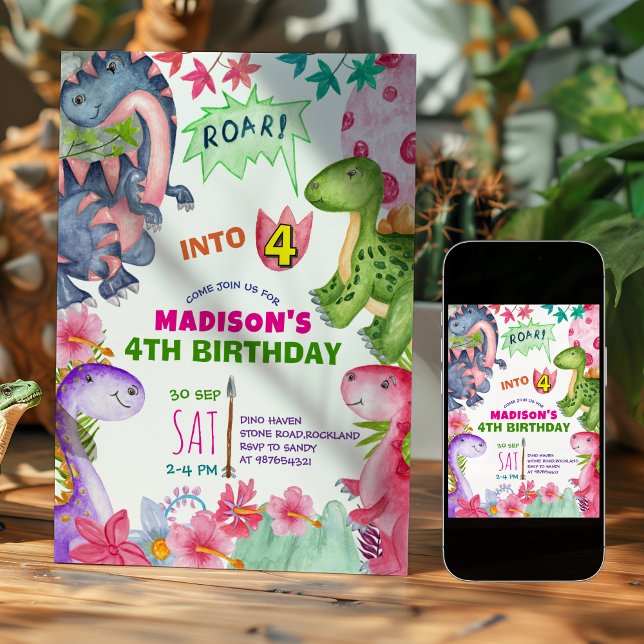 Cute Girl Dinosaur 4th Birthday Invitation (Creator Uploaded)