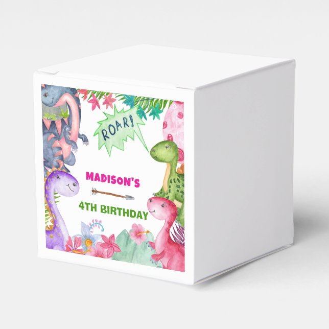 Cute Girl Dinosaur 4th Birthday Party Favour Box (Front Side)