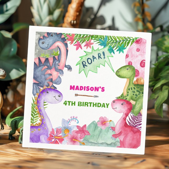 Cute Girl Dinosaur 4th Birthday Party Napkin (Creator Uploaded)