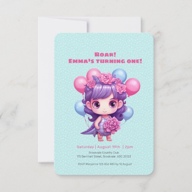 Cute Girl Dinosaur Birthday Invitation (Front)