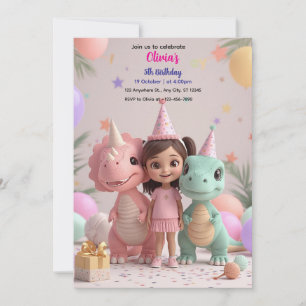 Cute Girl Dinosaur Birthday Invitation – Pastel Di