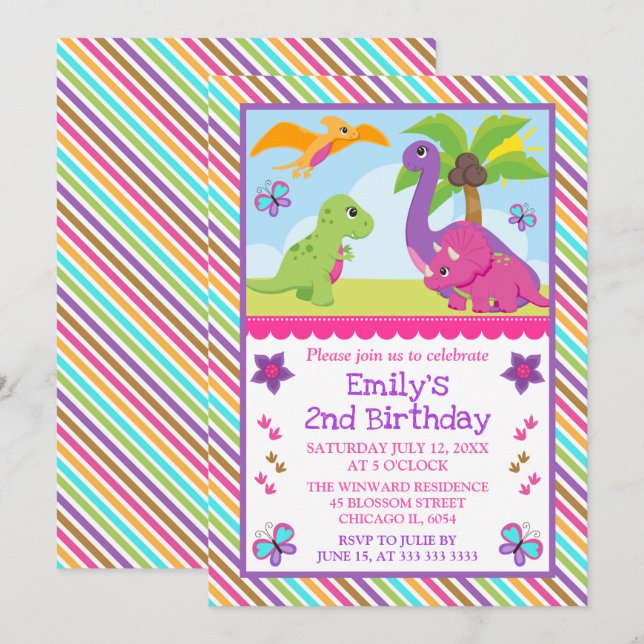Cute Girl Dinosaur Friends Kids Birthday Invitation (Front/Back)
