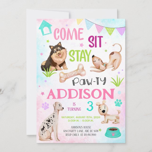 Cute Girl Dog Birthday Pawty Invitation (Front)