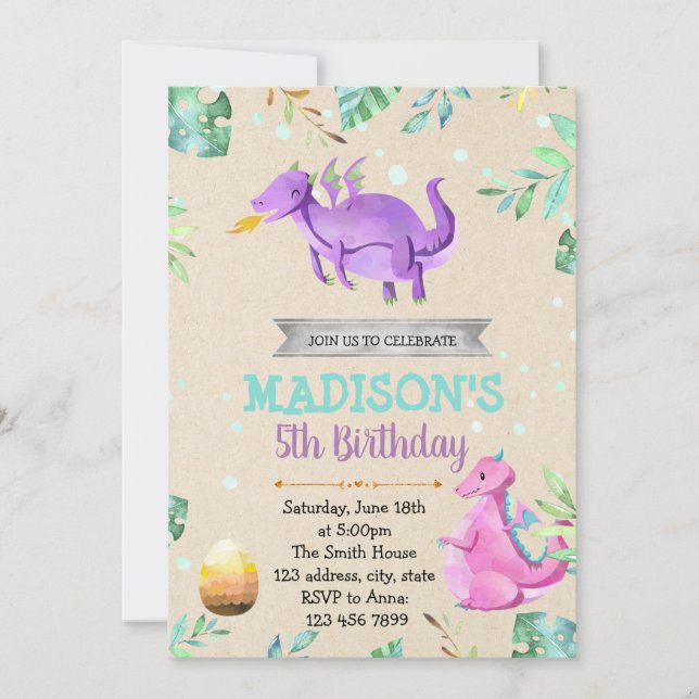 Cute girl dragon birthday party invitation (Front)