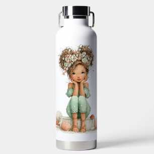 CUTE GIRL DRESSED IN SUMMER GREEN DRESS & FLOWERS WATER BOTTLE