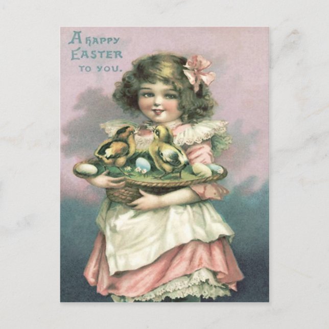 Cute Girl Easter Basket Chick Colored Egg Holiday Postcard (Front)
