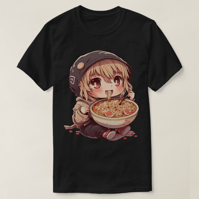 Cute Girl Eating Ramen Noodles Kawaii Anime Kids T T-Shirt (Design Front)