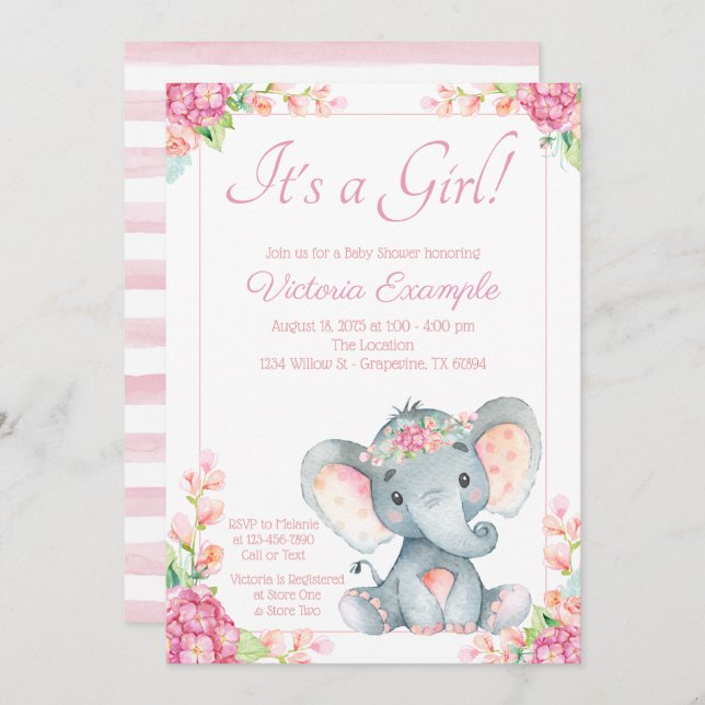 Cute Girl Elephant Baby Shower Invitation (Front/Back)