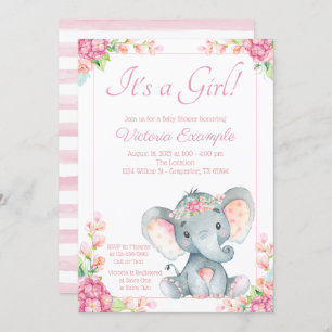 Cute Girl Elephant Baby Shower Invitation