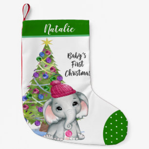 Cute Girl Elephant BABY'S FIRST CHRISTMAS Green Small Christmas Stocking