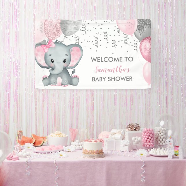 Cute Girl Elephant Balloons Baby Shower Banner (Party)