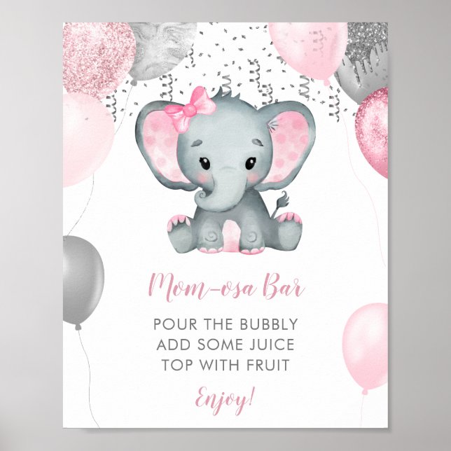Cute Girl Elephant Balloons Baby Shower Momosa Poster (Front)