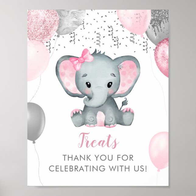 Cute Girl Elephant Balloons Baby Shower Treats Poster (Front)