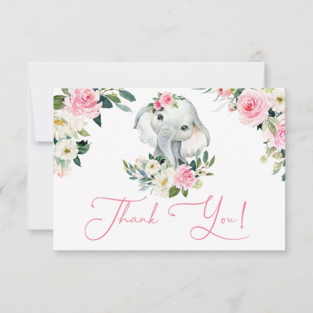 Cute girl elephant bright pink floral baby shower thank you card (Front)
