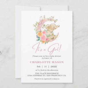 Cute Girl Elephant Floral Moon Baby Shower Invitation