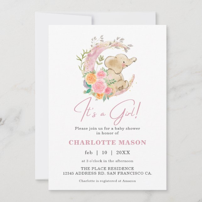 Cute Girl Elephant Floral Moon Baby Shower Invitation (Front)