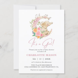 Cute Girl Elephant Floral Moon Baby Shower Invitation