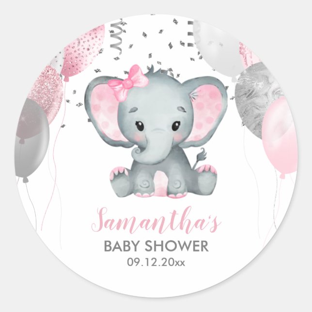 Cute Girl Elephant Pink Balloons Baby Shower Classic Round Sticker (Front)