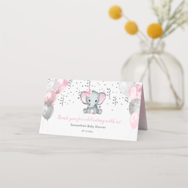 Cute Girl Elephant Pink Balloons Baby Shower Place Card (Front)